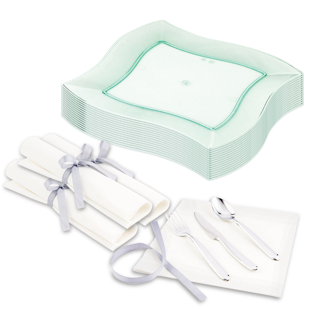 Maxi Serve 100 Square Seagreen 7" Plastic Medium Aqua Plates and 100 Moderna Silver Plastic Cutlery Sets