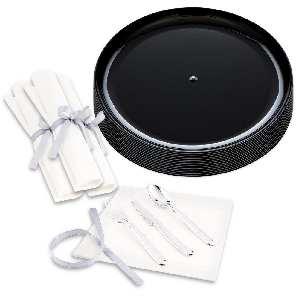 Maxi Serve 100 Round Black 9" Plastic Elegant Plates and 100 Moderna Silver Plastic Cutlery Sets