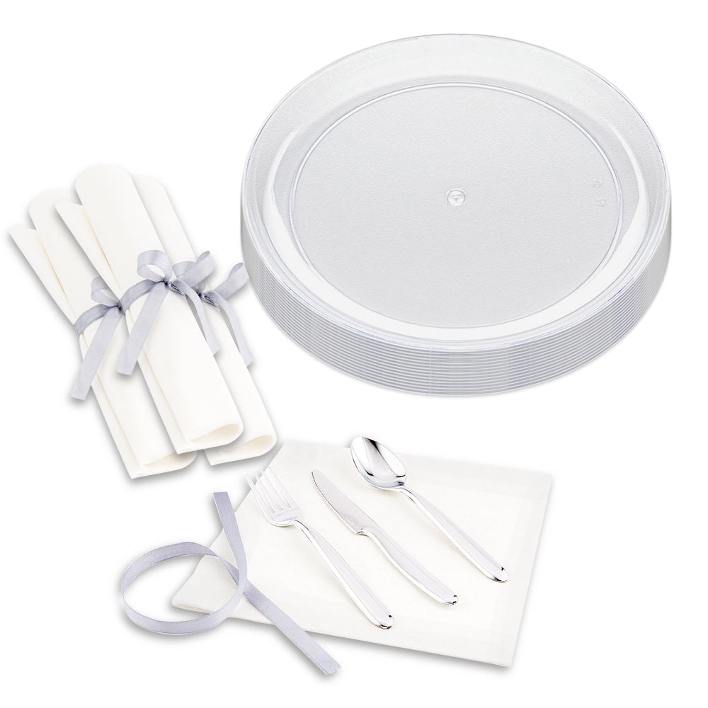 Maxi Serve 100 Round Clear 7" Plastic Medium Elegant Plates and 100 Moderna Silver Plastic Cutlery Sets