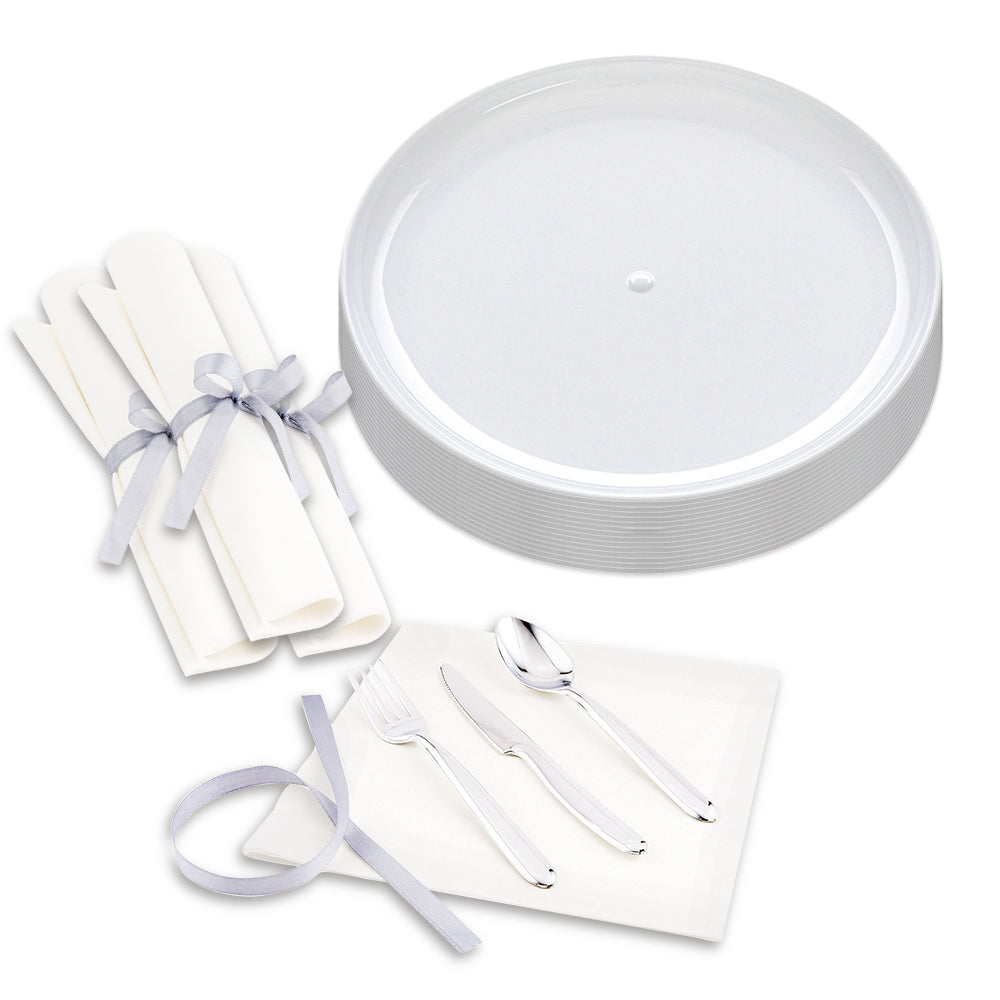 Maxi Serve 100 Round White 7" Plastic Medium Elegant Plates and 100 Moderna Silver Plastic Cutlery Sets