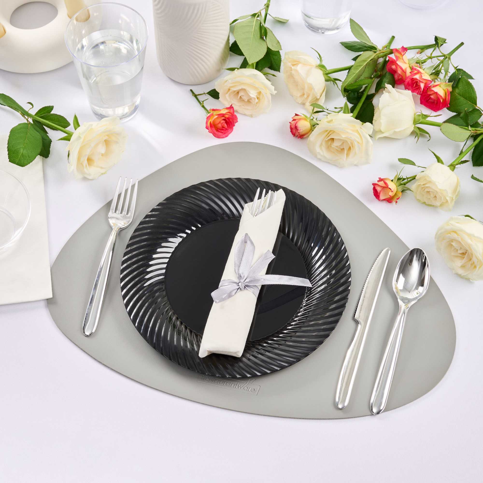 Maxi Serve 100 Round White 7" Plastic Medium Elegant Plates and 100 Moderna Silver Plastic Cutlery Sets