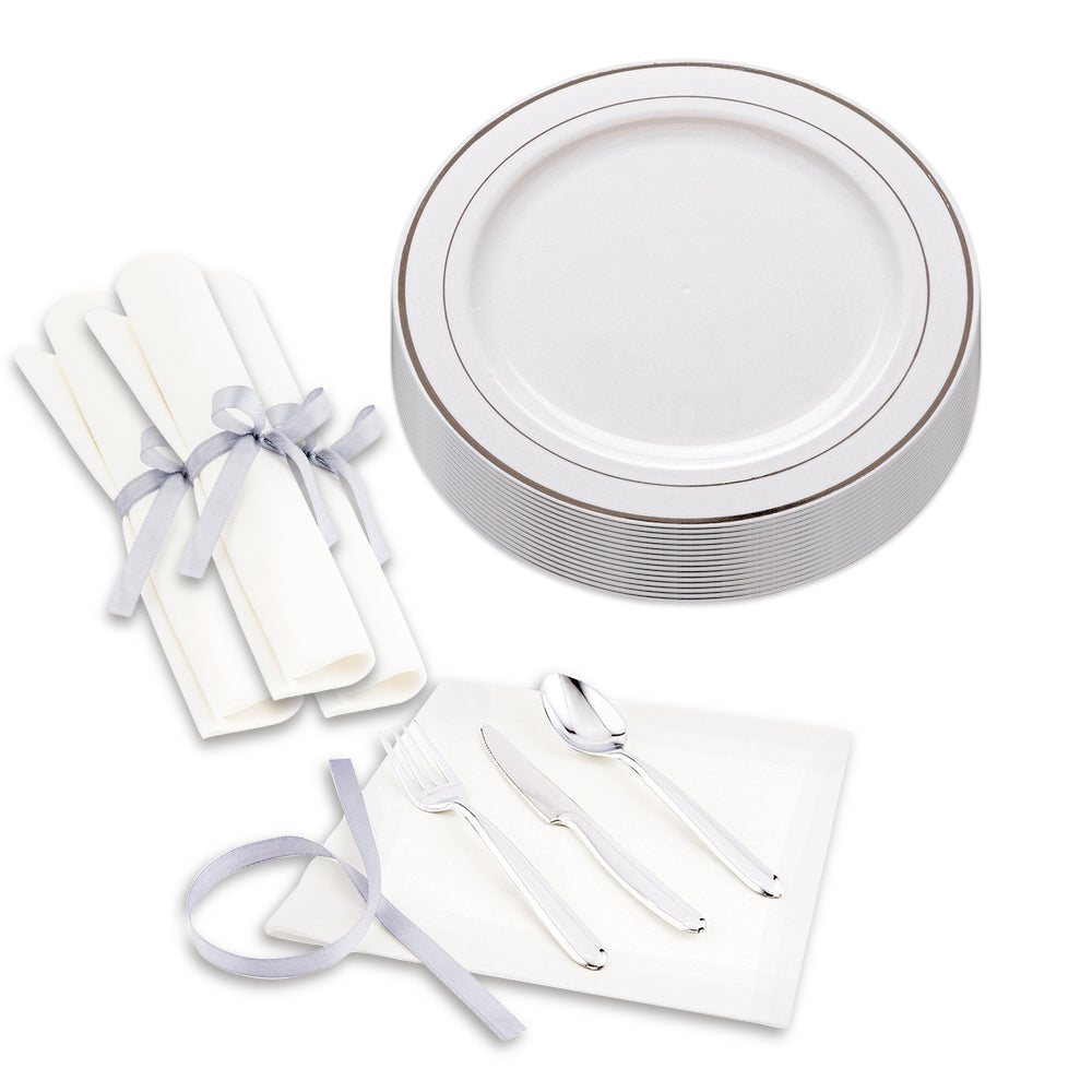 Maxi Serve 100 Round White 7 1/2" Plastic Silver-Rimmed Plates and 100 Moderna Silver Plastic Cutlery Sets
