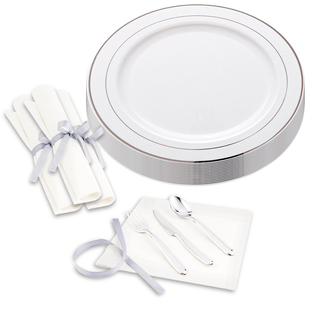 Maxi Serve 100 Round White 10 1/2" Plastic Silver-Rimmed Plates and 100 Moderna Silver Plastic Cutlery Sets