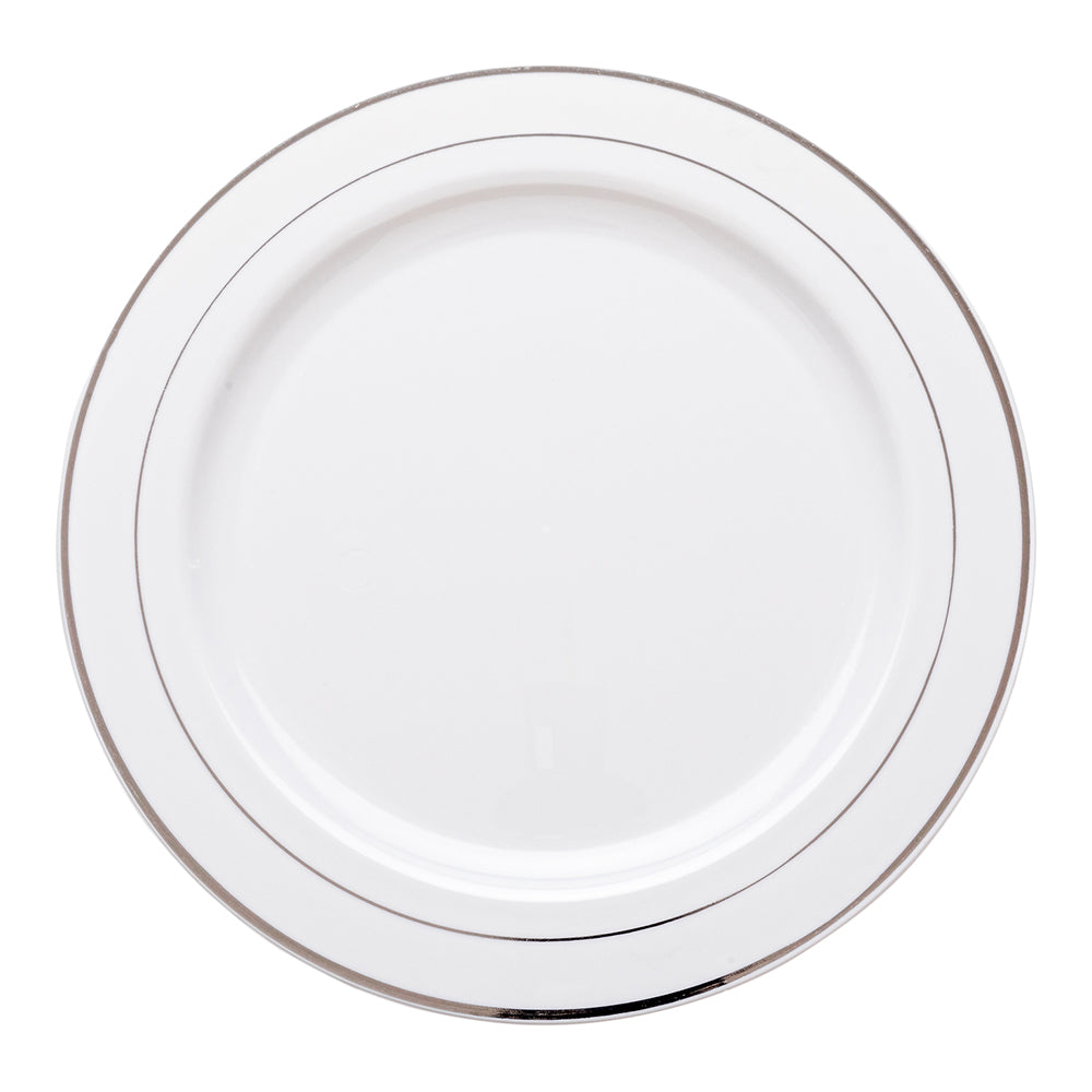 Maxi Serve 100 Round White 10 1/2" Plastic Silver-Rimmed Plates and 100 Moderna Silver Plastic Cutlery Sets