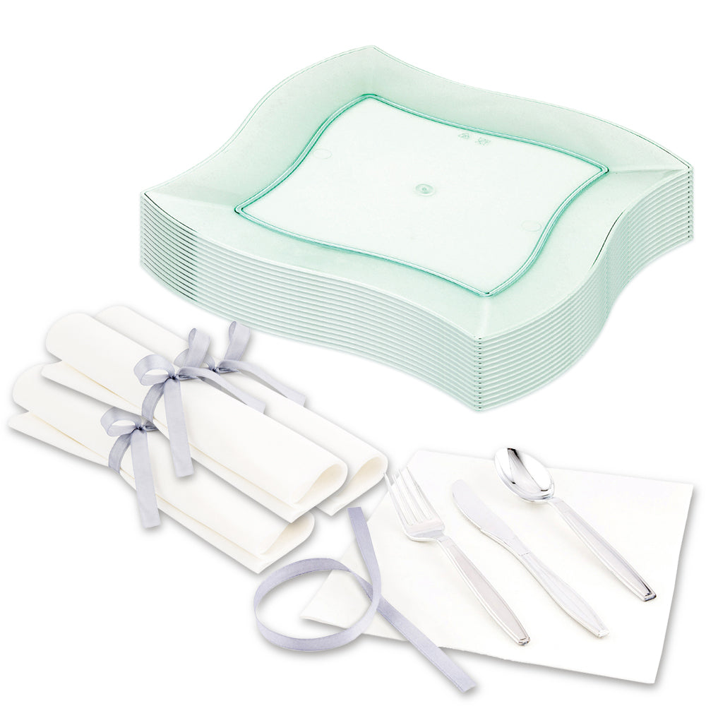 Maxi Serve 100 Square Seagreen 7" Plastic Medium Aqua Plates and 100 Argento Silver Plastic Cutlery Sets