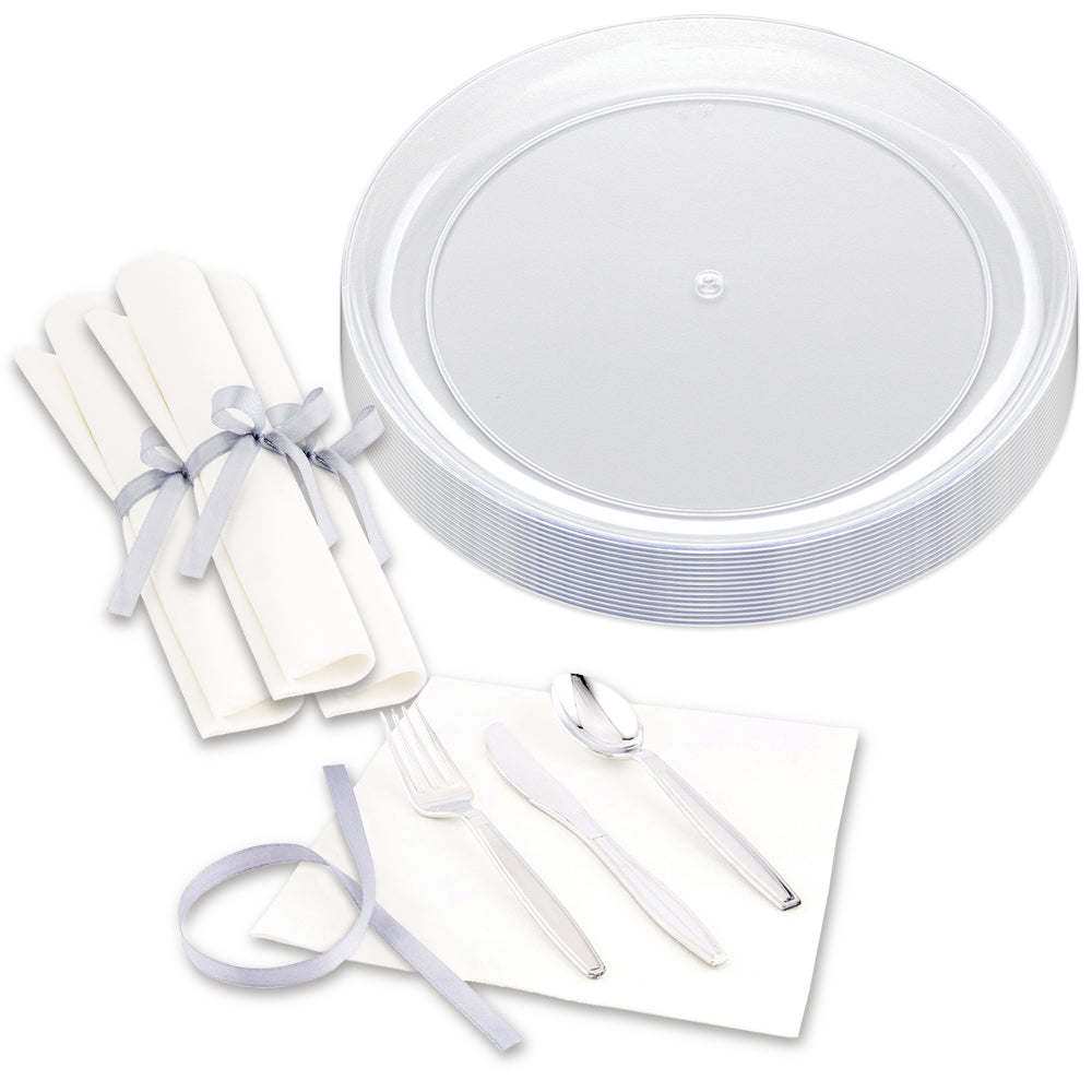 Maxi Serve 100 Round Clear 9" Plastic Elegant Plates and 100 Argento Silver Plastic Cutlery Sets