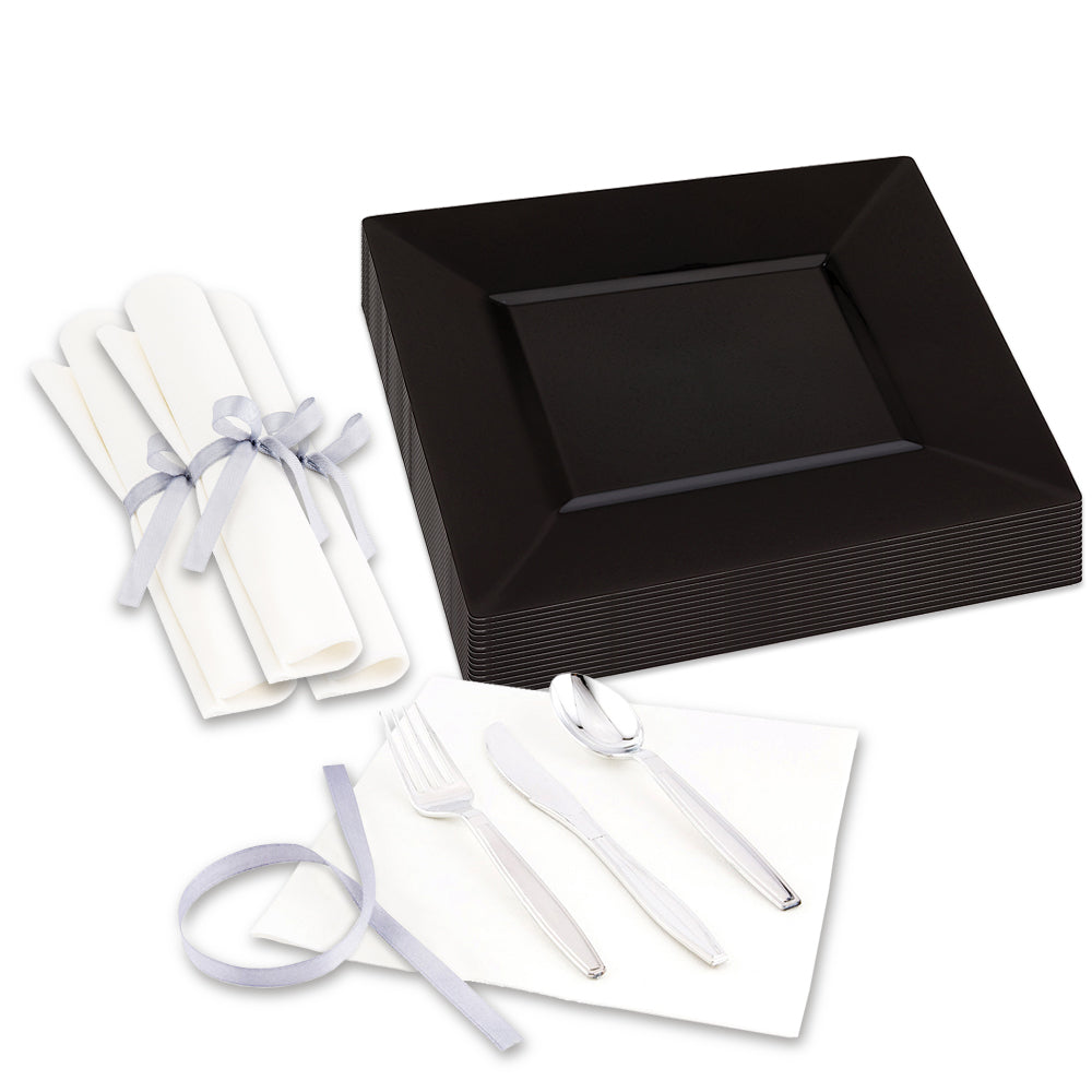 Maxi Serve 100 Square Black 9 1/2" Plastic Modern Plates and 100 Argento Silver Plastic Cutlery Sets