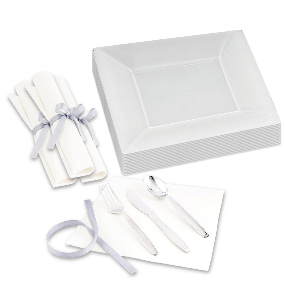 Maxi Serve 100 Square Clear 9 1/2" Plastic Modern Plates and 100 Argento Silver Plastic Cutlery Sets