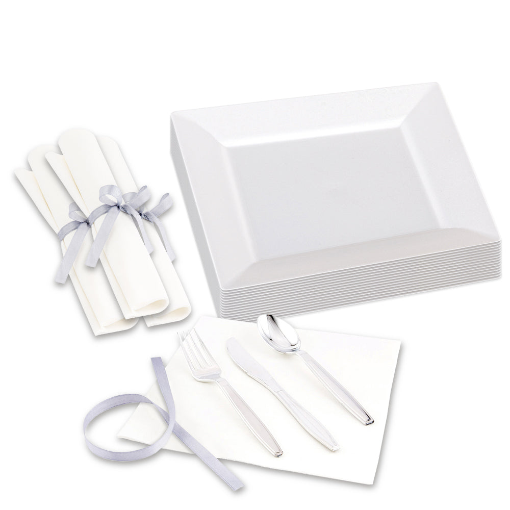 Maxi Serve 100 Square White 9 1/2" Plastic Modern Plates and 100 Argento Silver Plastic Cutlery Sets
