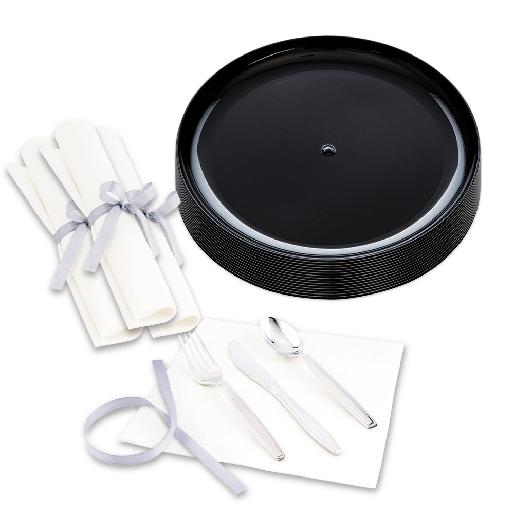 Maxi Serve 100 Round Black 7" Plastic Medium Elegant Plates and 100 Argento Silver Plastic Cutlery Sets