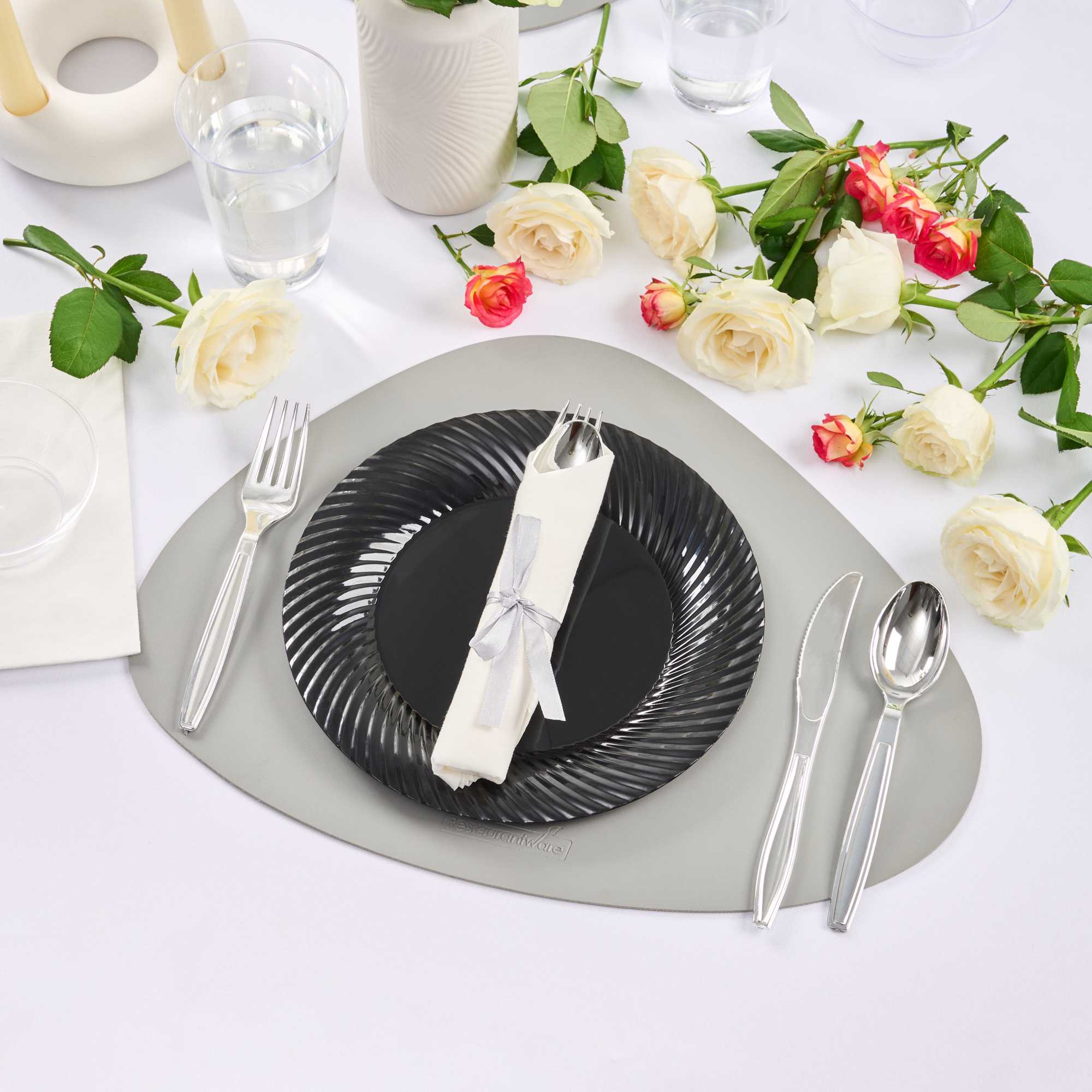 Maxi Serve 100 Round Black 7" Plastic Medium Elegant Plates and 100 Argento Silver Plastic Cutlery Sets