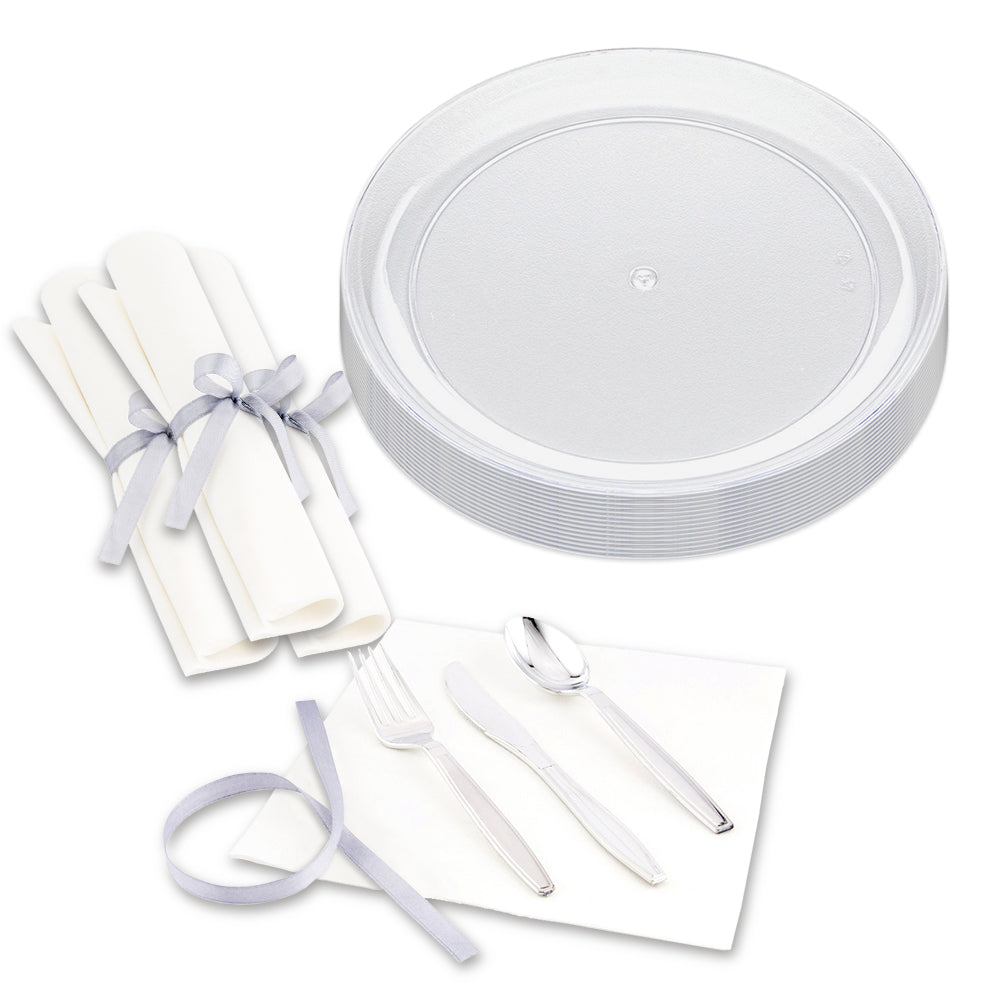 Maxi Serve 100 Round Clear 7" Plastic Medium Elegant Plates and 100 Argento Silver Plastic Cutlery Sets