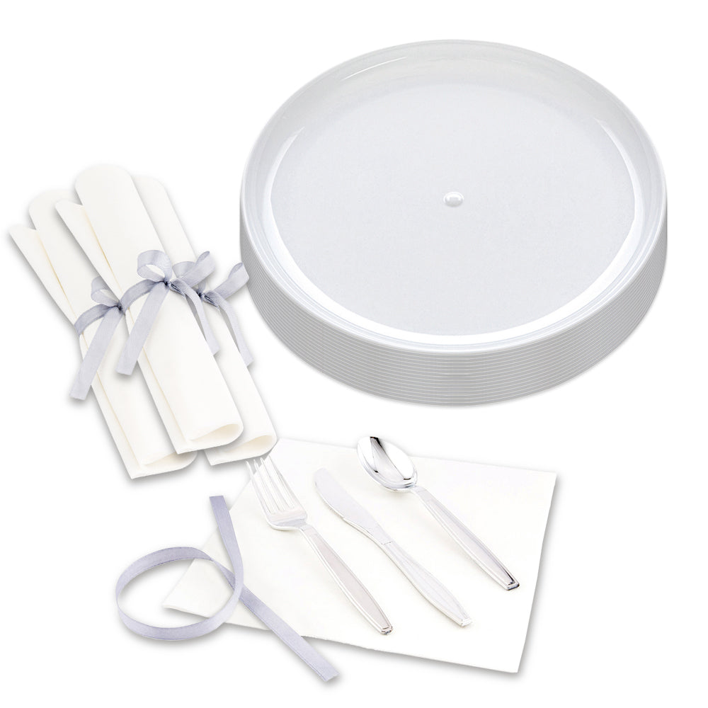 Maxi Serve 100 Round White 7" Plastic Medium Elegant Plates and 100 Argento Silver Plastic Cutlery Sets