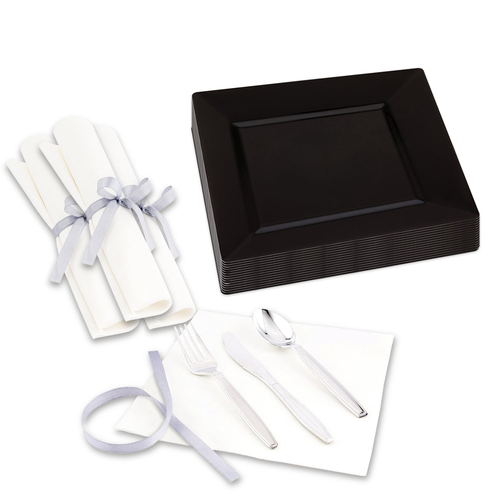 Maxi Serve 100 Square Black 8 1/4" Plastic Medium Plates and 100 Argento Silver Plastic Cutlery Sets
