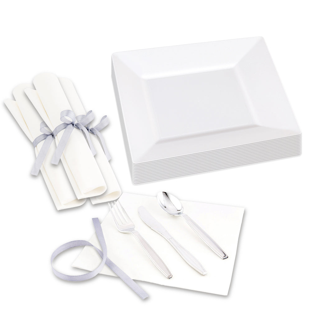 Maxi Serve 100 Square White 8 1/4" Plastic Medium Plates and 100 Argento Silver Plastic Cutlery Sets