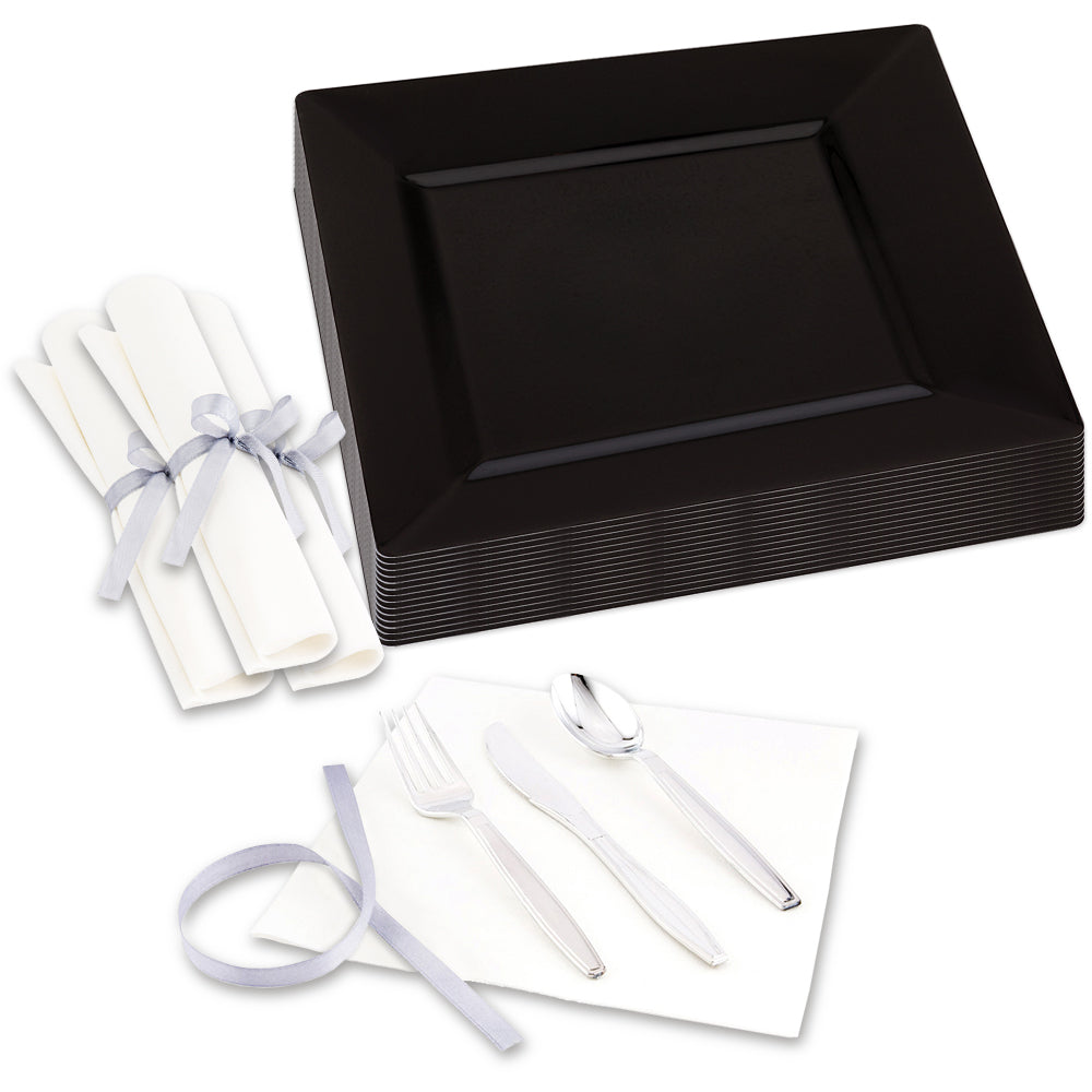 Maxi Serve 100 Square Black 10 3/4" Plastic Dinner Plates and 100 Argento Silver Plastic Cutlery Sets