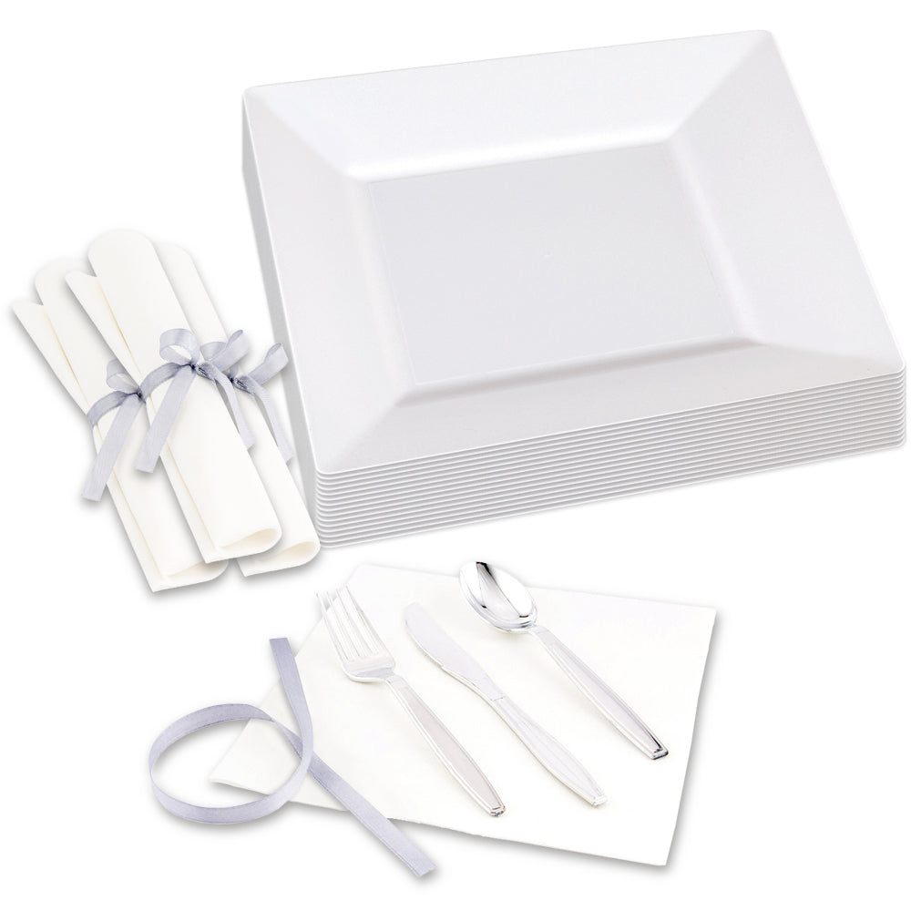 Maxi Serve 100 Square White 10 3/4" Plastic Dinner Plates and 100 Argento Silver Plastic Cutlery Sets