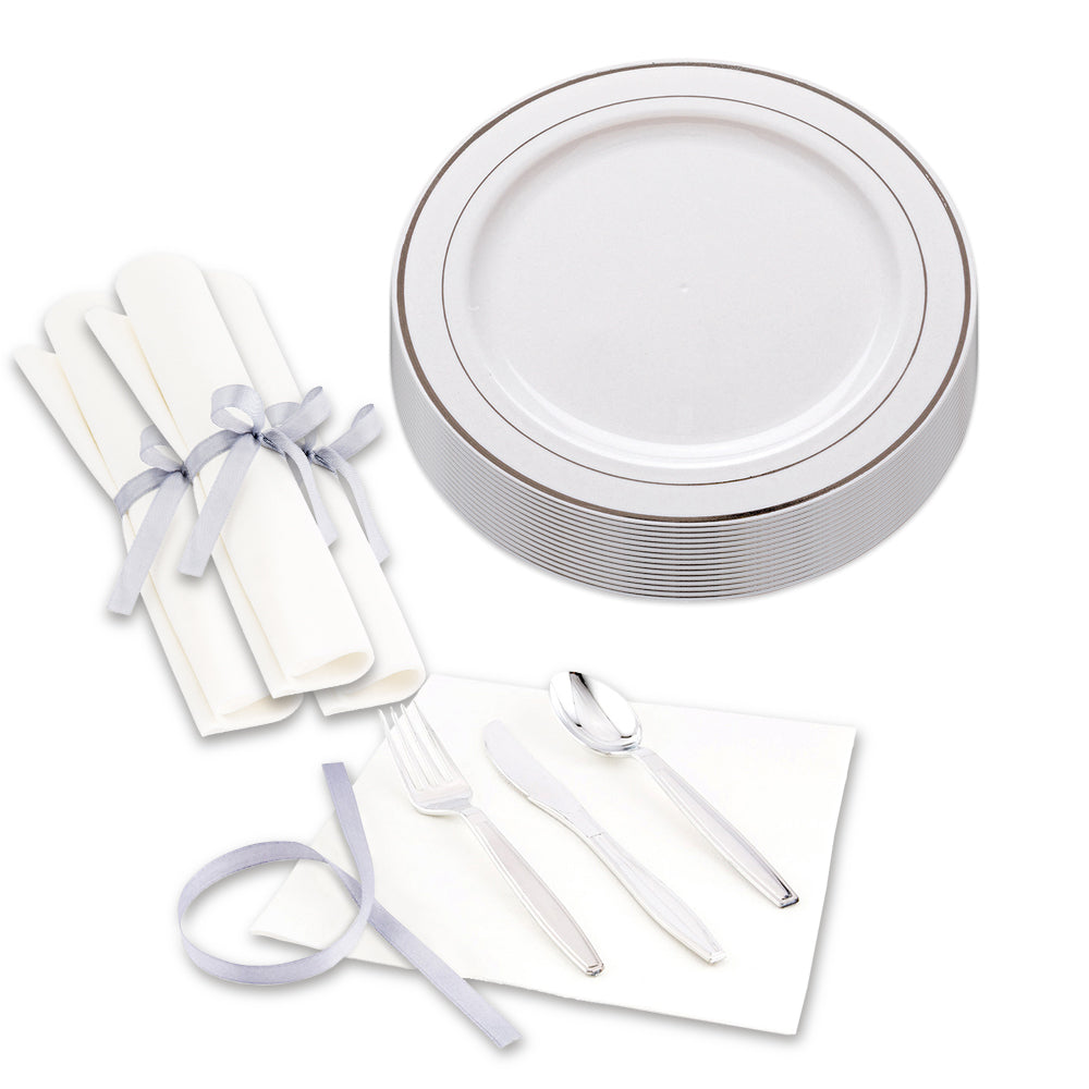 Maxi Serve 100 Round White 7 1/2" Plastic Silver-Rimmed Plates and 100 Argento Silver Plastic Cutlery Sets