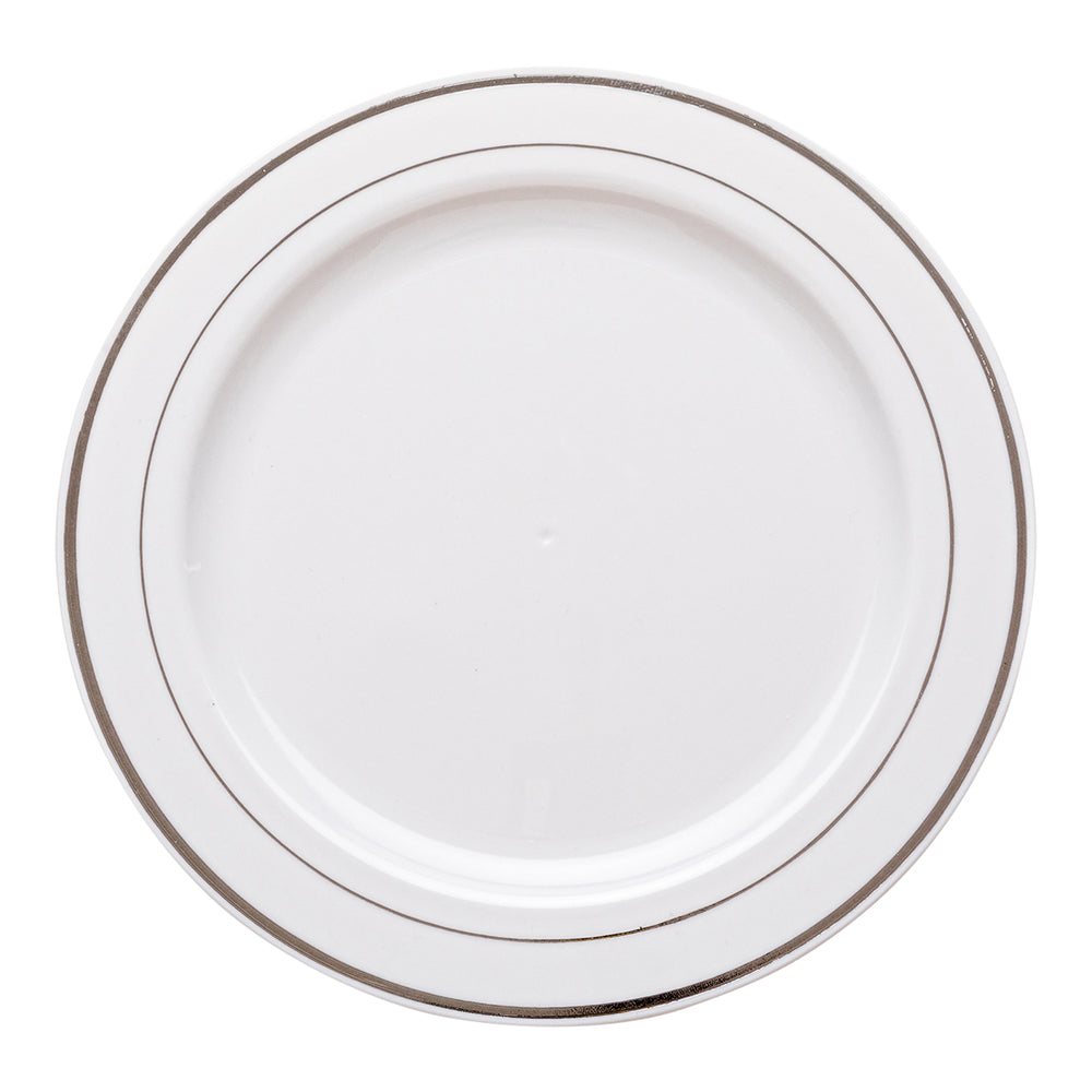Maxi Serve 100 Round White 7 1/2" Plastic Silver-Rimmed Plates and 100 Argento Silver Plastic Cutlery Sets