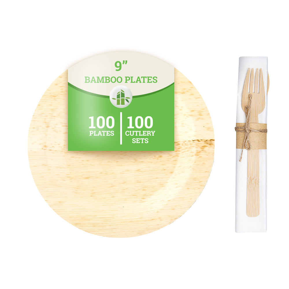 Bambuddha 100 Round Natural 9" Bamboo Plates and 100 Natural Bamboo Disposable Flatware Sets
