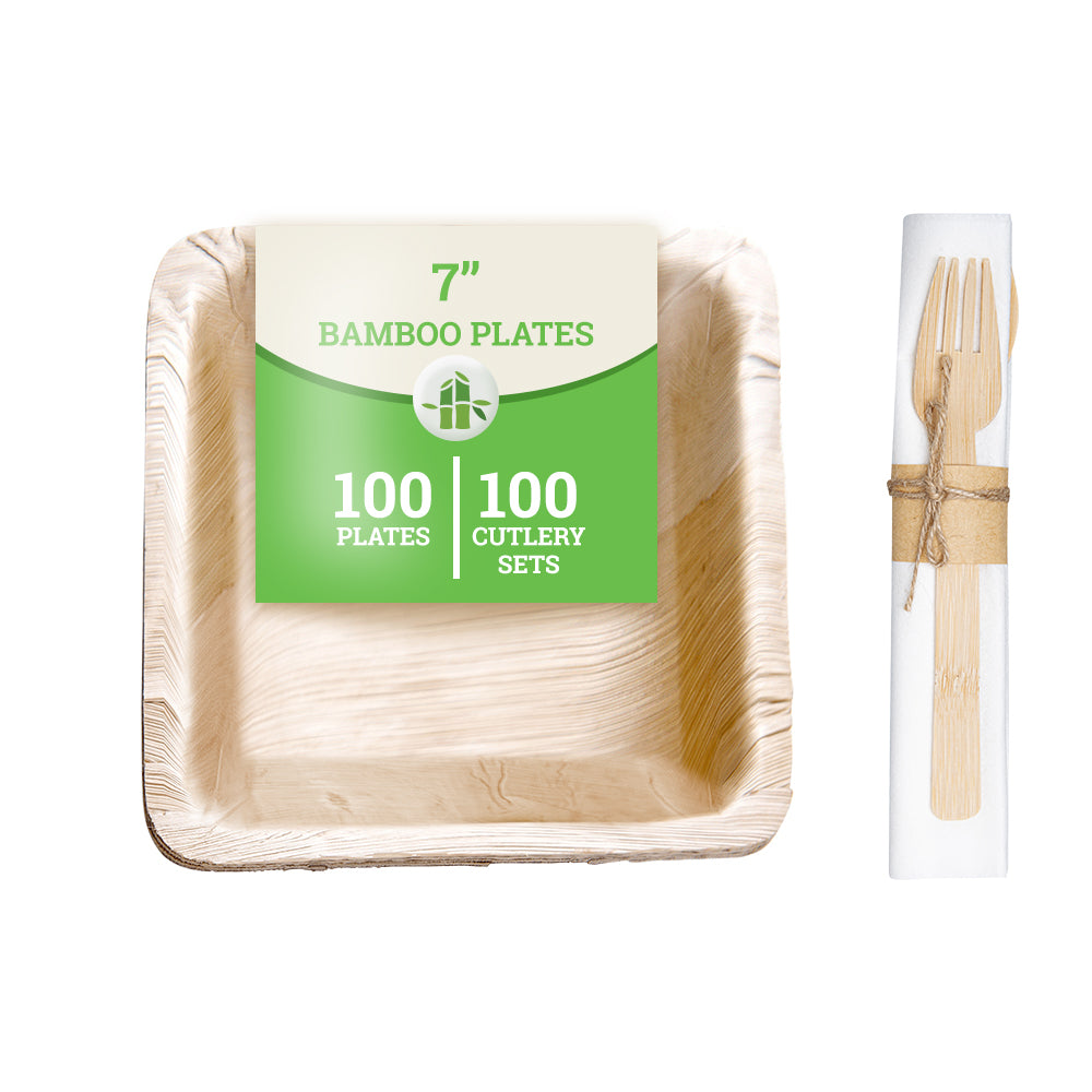 Bambuddha 100 Square Natural 7" Bamboo Leaf Salad Plates and 100 Natural Bamboo Disposable Flatware Sets