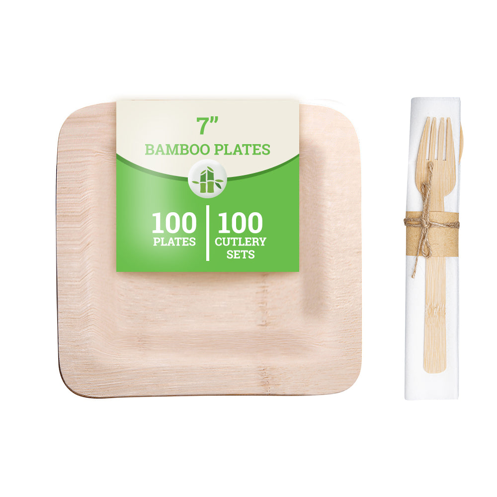Bambuddha 100 Square Natural 7" Bamboo Medium Veneer Plates and 100 Natural Bamboo Disposable Flatware Sets