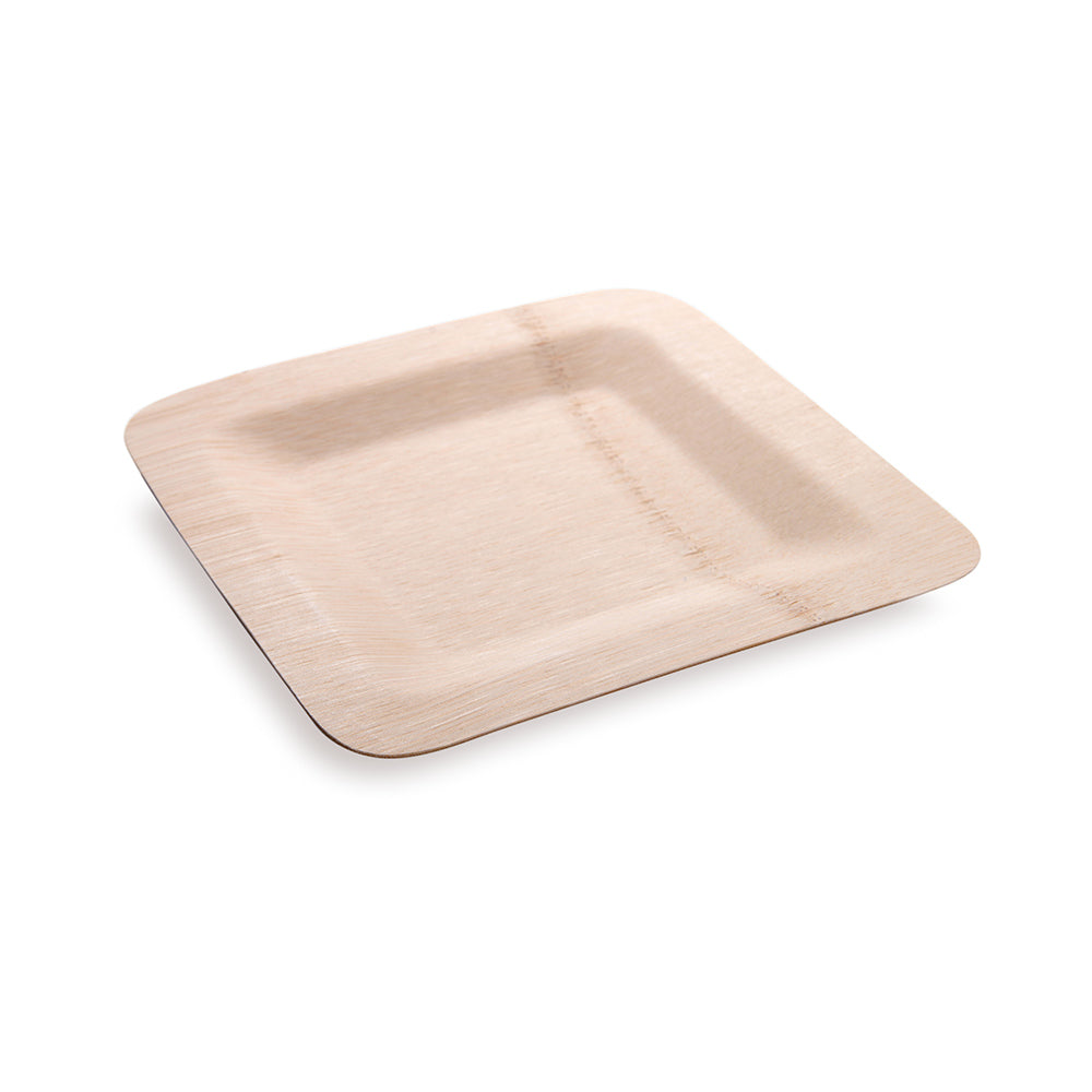 Bambuddha 100 Square Natural 7" Bamboo Medium Veneer Plates and 100 Natural Bamboo Disposable Flatware Sets