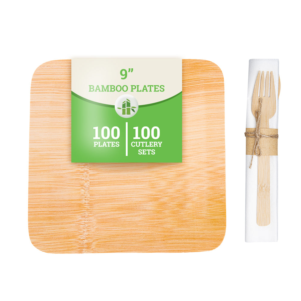 Bambuddha 100 Square Natural 9" Bamboo Large Veneer Plates and 100 Natural Bamboo Disposable Flatware Sets
