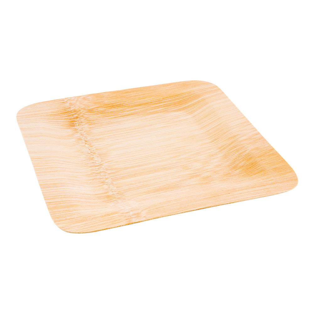 Bambuddha 100 Square Natural 9" Bamboo Large Veneer Plates and 100 Natural Bamboo Disposable Flatware Sets