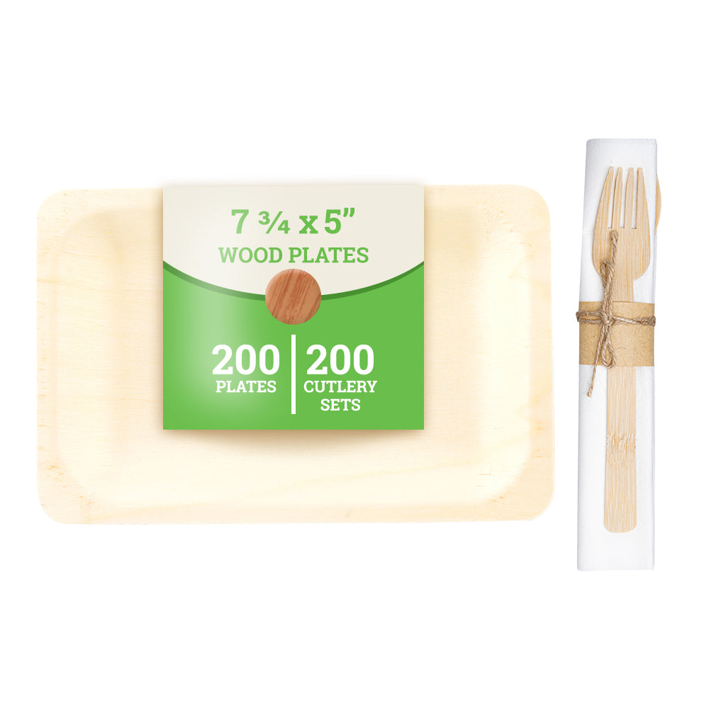 Bambuddha 200 Rectangle Natural 8" Wood Plates and 200 Natural Bamboo Disposable Flatware Sets