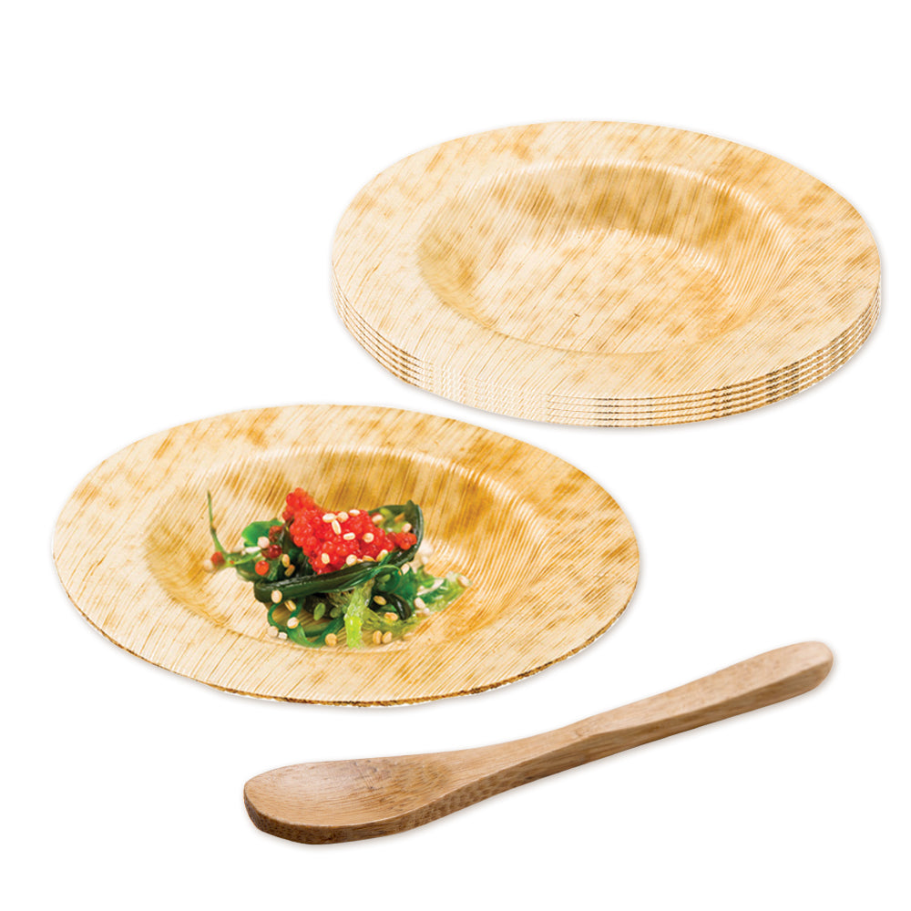 Bambuddha 100 Round Natural 3.5" Bamboo Small Plates and 100 Natural Bamboo 3.5" Mini Spoons