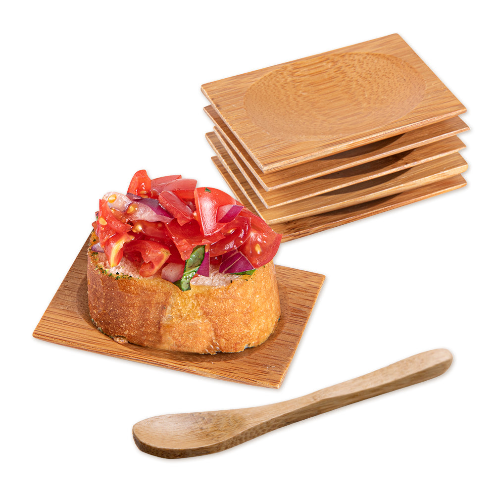 Bambuddha 100 Rectangle Natural 3" Bamboo Dishes and 100 Natural Bamboo 3.5" Mini Spoons
