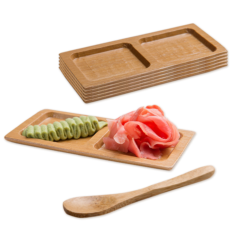 Bambuddha 100 Rectangle Natural 4.75" Bamboo Duo Plates and 100 Natural Bamboo 3.5" Mini Spoons