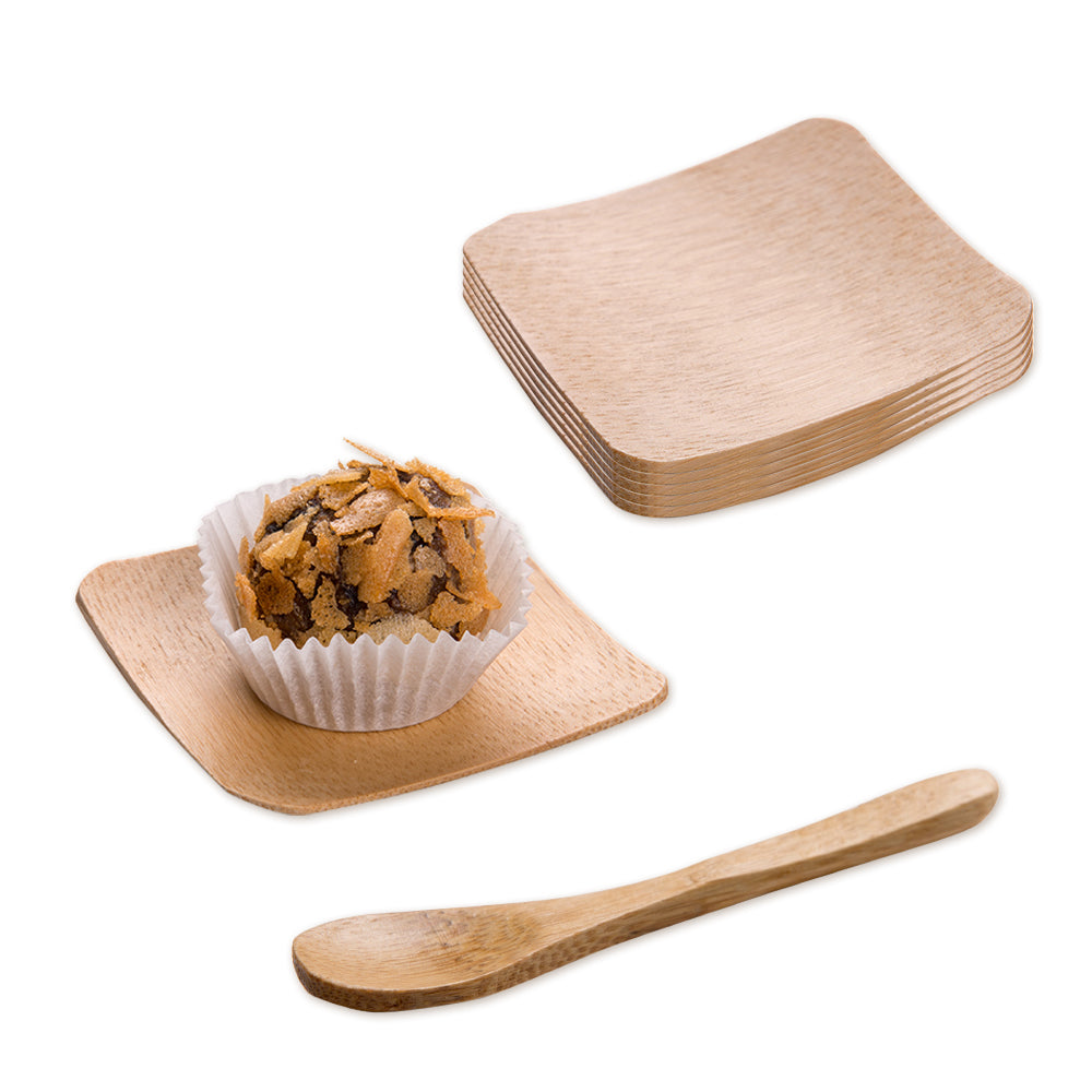 Bambuddha 100 Square Natural 2.25" Bamboo Dishes and 100 Natural Bamboo 3.5" Mini Spoons