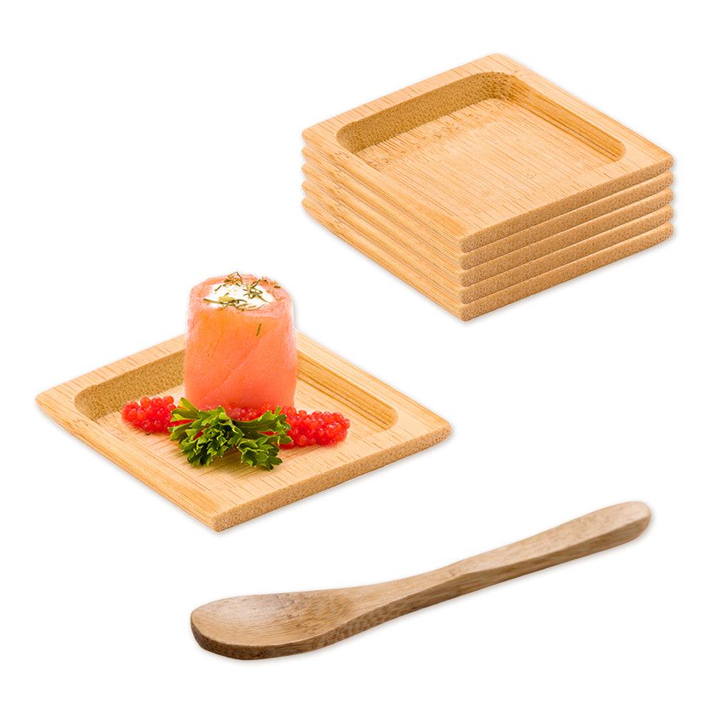Bambuddha 100 Square Natural 2.5" Bamboo Carved Plates and 100 Natural Bamboo 3.5" Mini Spoons