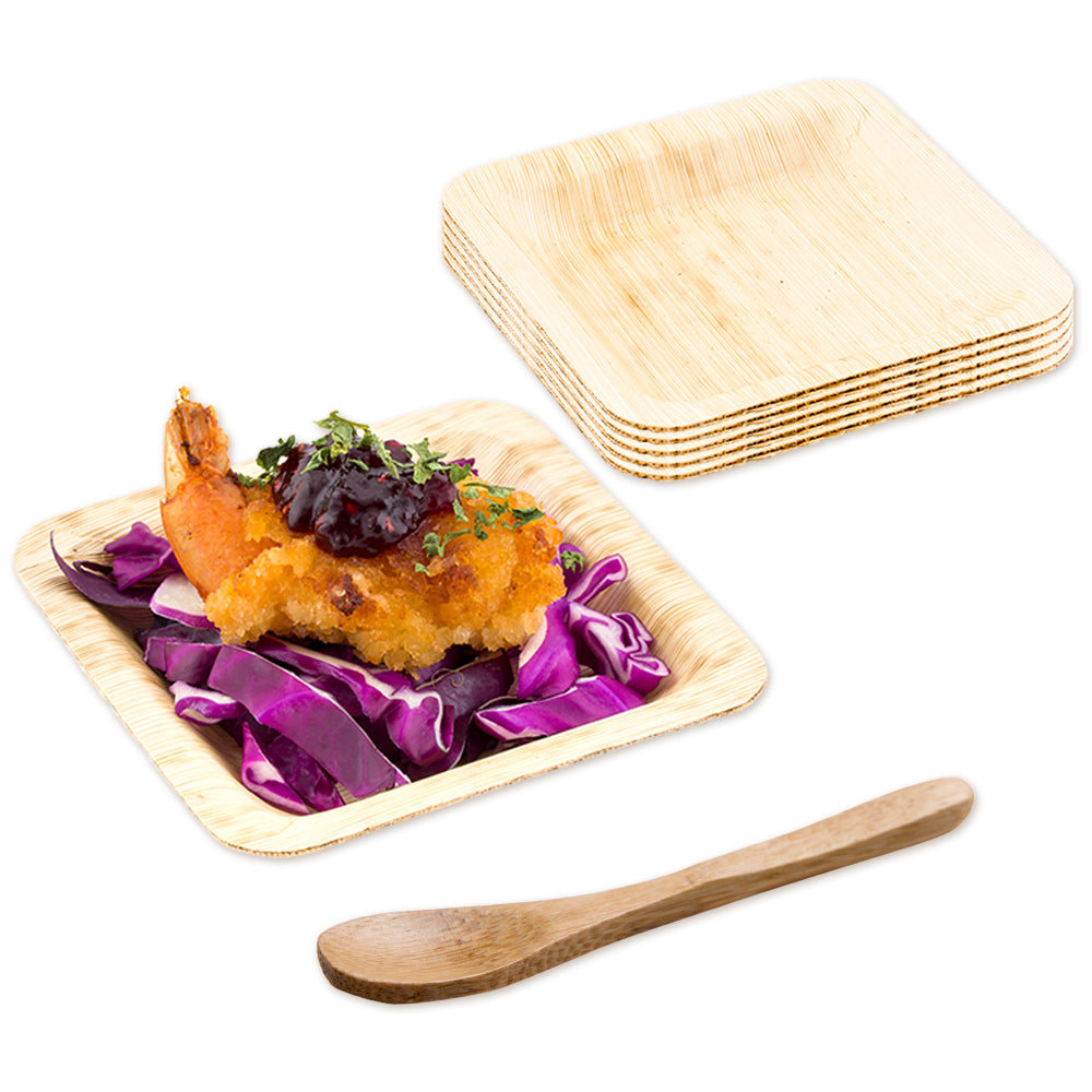 Bambuddha 100 Square Leaf 3.6" Plates and 100 Natural Bamboo 3.5" Mini Spoons