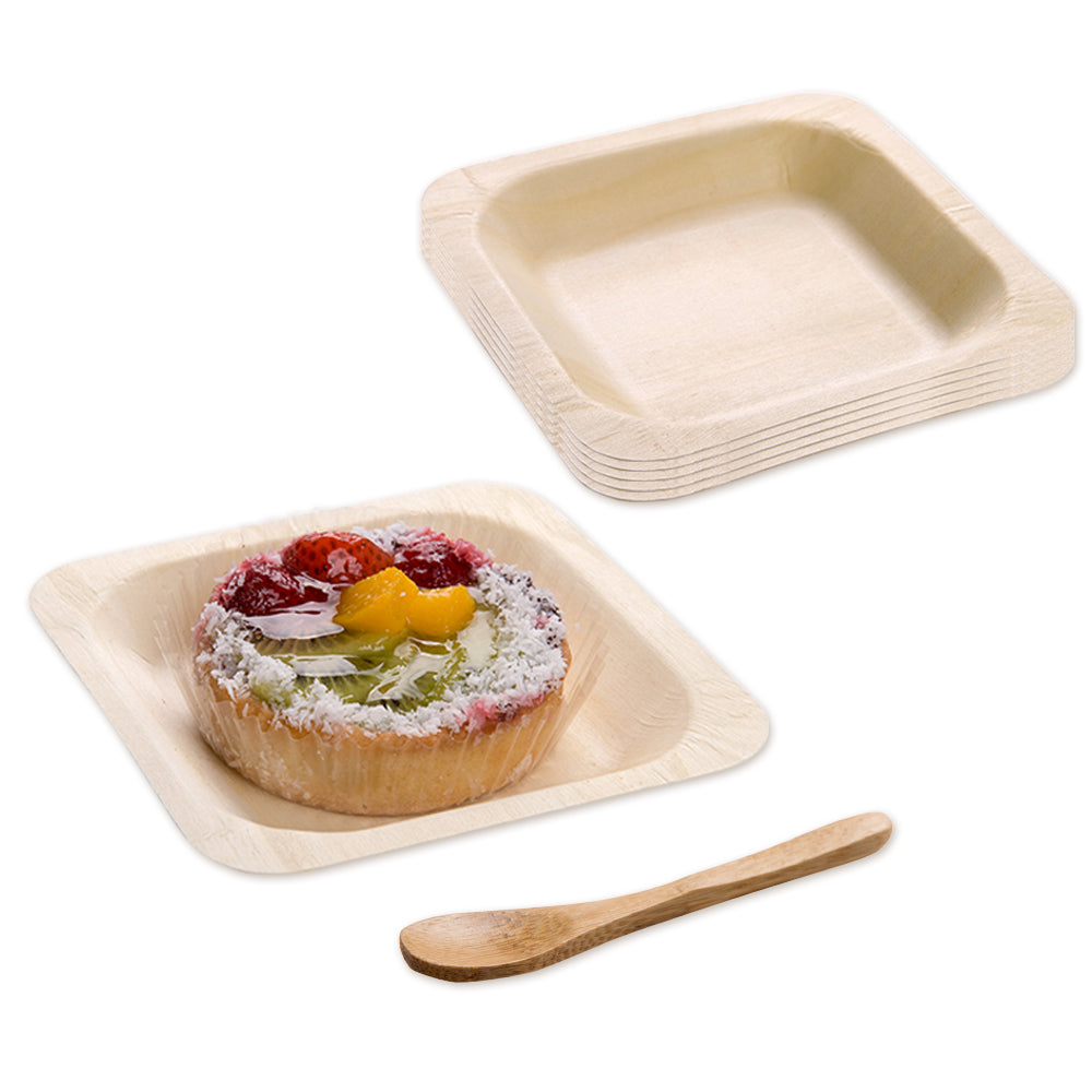 Bambuddha 200 Square Natural 4.5" Wood Plates and 200 Natural Bamboo 3.5" Mini Spoons