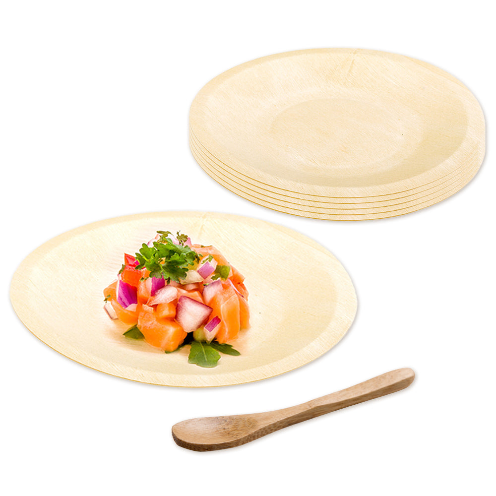 Bambuddha 200 Round Natural 5.5" Wood Plates and 200 Natural Bamboo 3.5" Mini Spoons