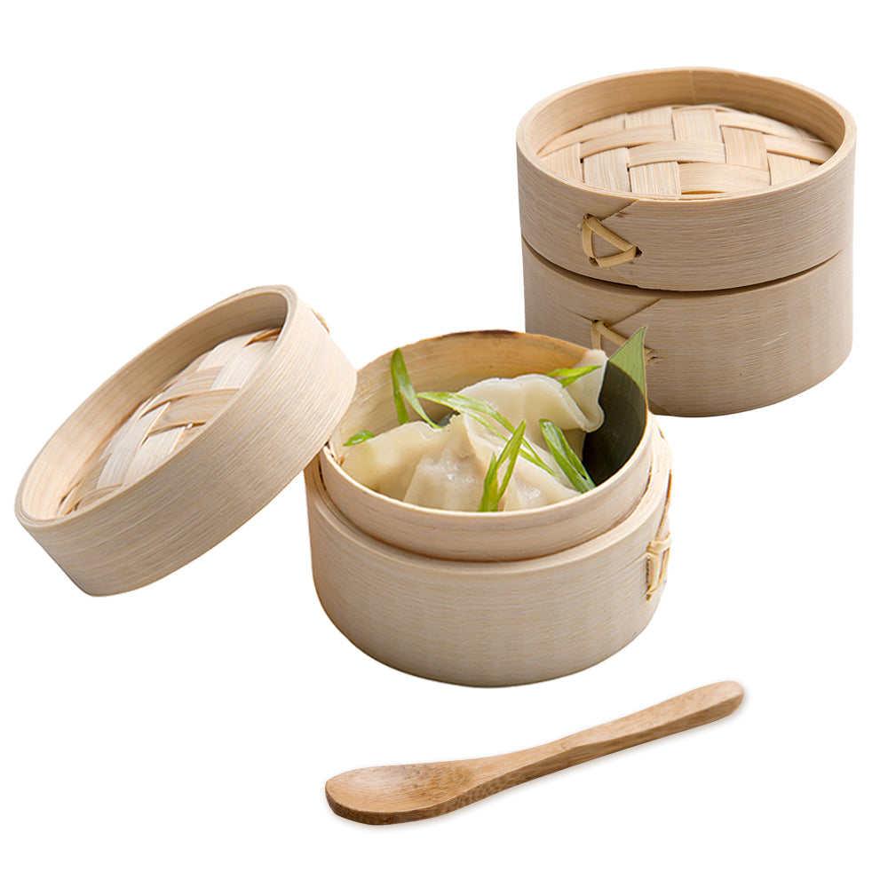 Bambuddha 100 2 oz Round Natural Bamboo Mini Steamers and 100 Natural Bamboo 3.5" Mini Spoons