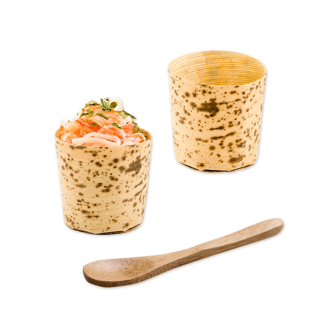 Bambuddha 200 2 oz Round Natural Bamboo Mini Cups and 200 Natural Bamboo 3.5" Mini Spoons
