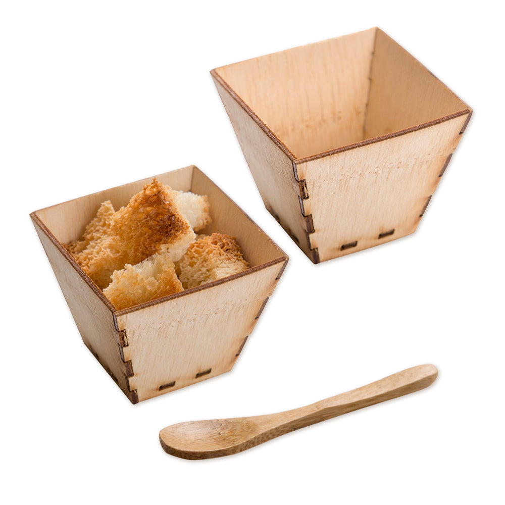 Bambuddha 100 2 oz Square Natural Bamboo Mini Kova Cups and 100 Natural Bamboo 3.5" Mini Spoons