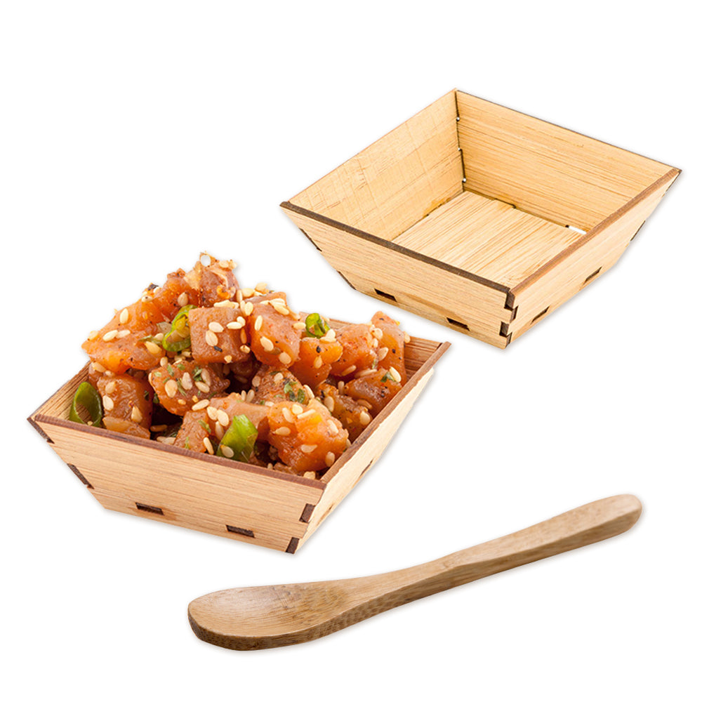 Bambuddha 100 1.5 oz Square Natural Bamboo Mini Kova Bowls and 100 Natural Bamboo 3.5" Mini Spoons