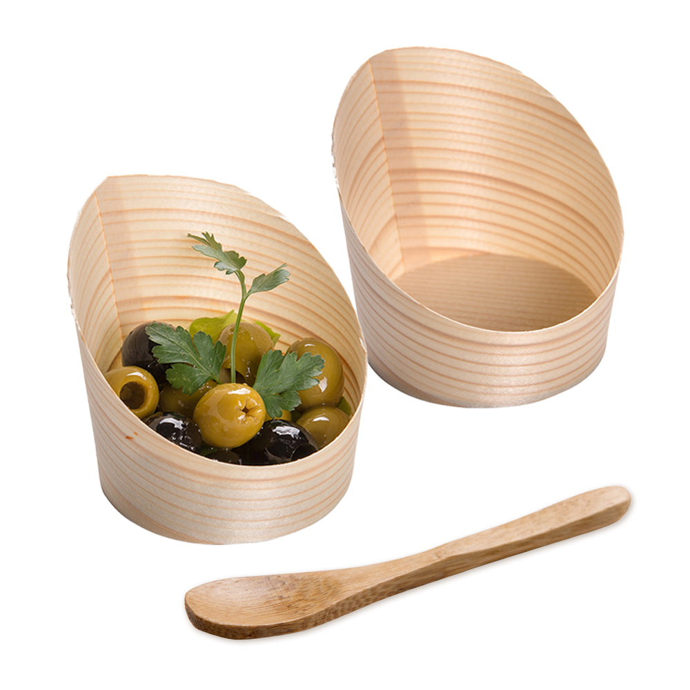 Taipei 100 4 oz Round Natural Wood Mini Incline Cups and 100 Natural Bamboo 3.5" Mini Spoons