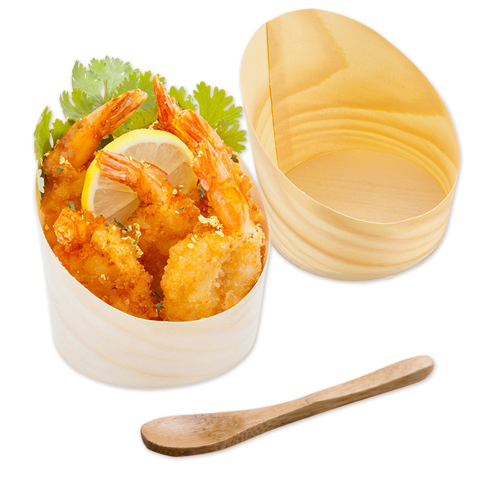 Taipei 100 7 oz Round Natural Wood Medium Incline Cups and 100 Natural Bamboo 3.5" Mini Spoons