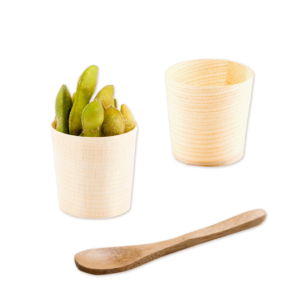 Taipei 200 1 oz Round Natural Shaved Pinewood Mini Cups and 200 Natural Bamboo 3.5" Mini Spoons