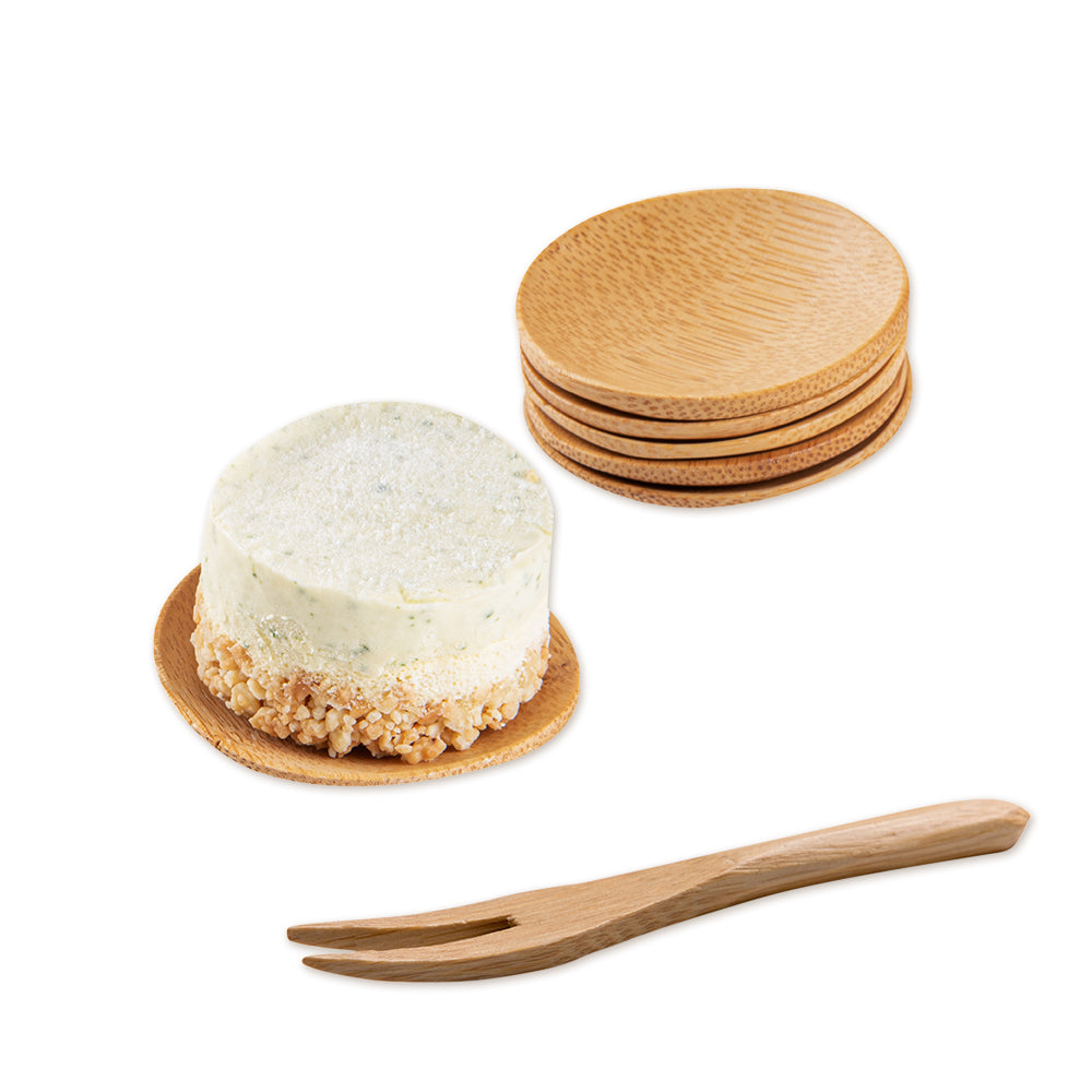 Bambuddha 100 Round Natural 2.5" Bamboo Dishes and 100 Natural Bamboo 3.5" Mini Forks