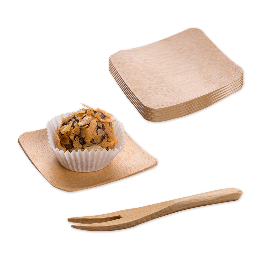 Bambuddha 100 Square Natural 2.25" Bamboo Dishes and 100 Natural Bamboo 3.5" Mini Forks