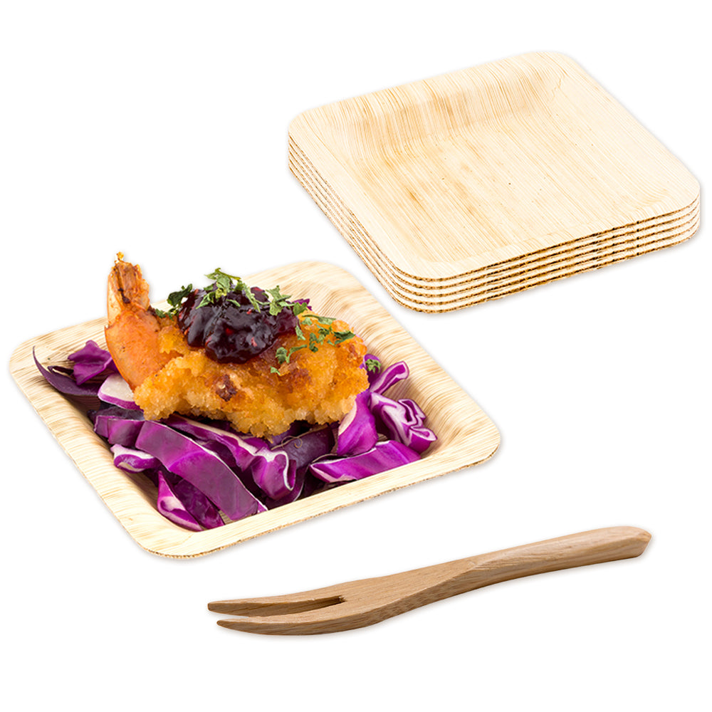 Bambuddha 100 Square Bamboo Leaf 3.6" Plates and 100 Natural Bamboo 3.5" Mini Forks