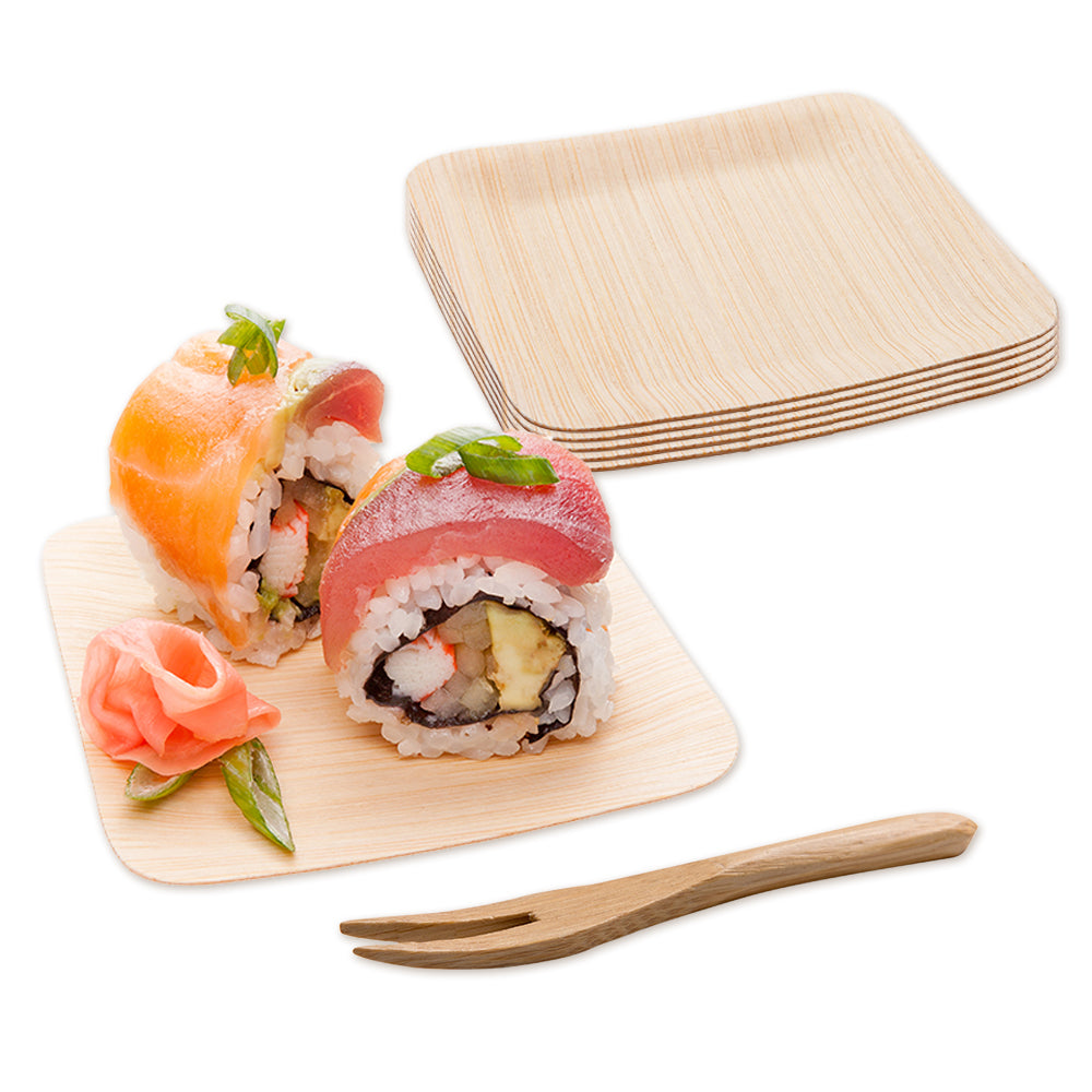 Bambuddha 100 Square Natural 3.5" Bamboo Veneer Plates and 100 Natural Bamboo 3.5" Mini Forks