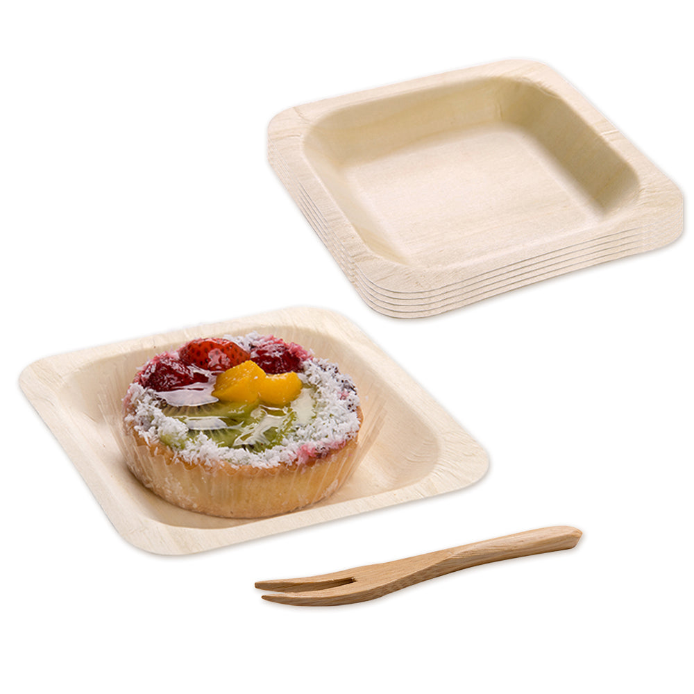 Bambuddha 200 Square Natural 4.5" Wood Plates and 200 Natural Bamboo 3.5" Mini Forks